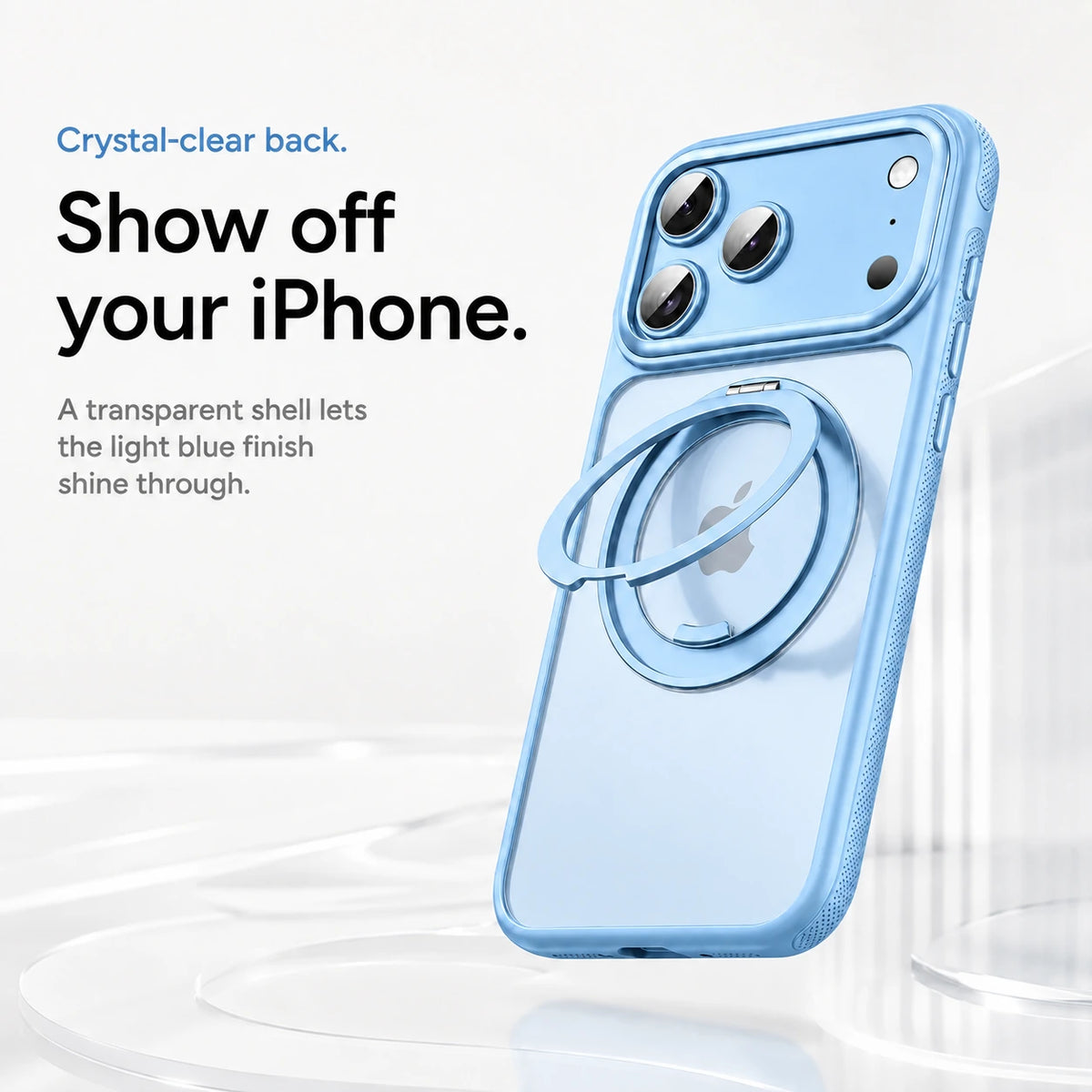 Glacier magnetic phone case displayed upright with a clear back and an open metal ring #color_Glacier