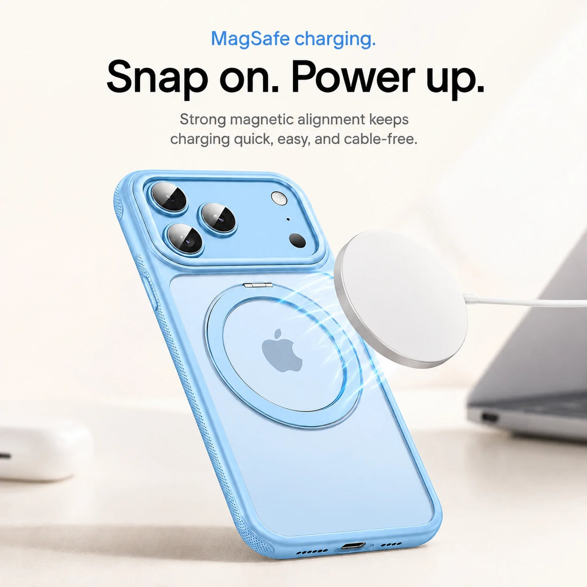 Glacier magnetic phone case aligned with a white wireless charging puck #color_Glacier