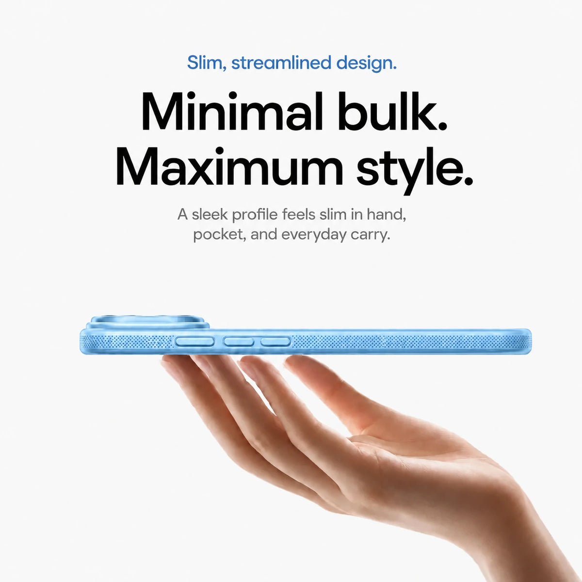 Glacier magnetic phone case balanced in one hand to show its slim side profile #color_Glacier