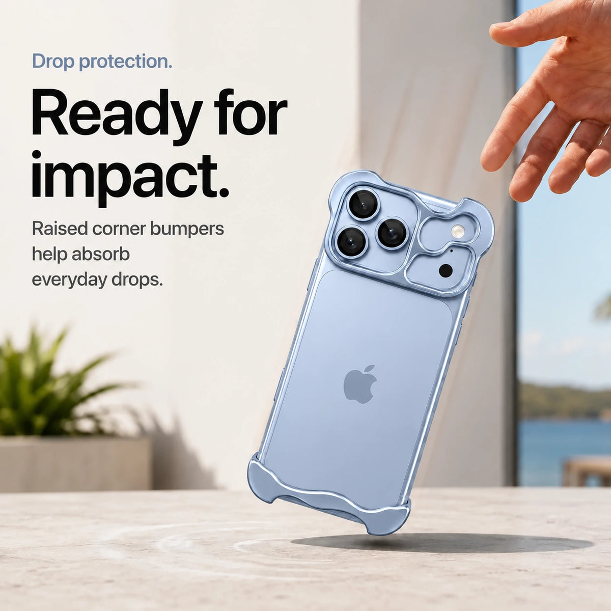 Glacier sculpted metal phone case demonstrating raised corner protection during a drop #color_Glacier