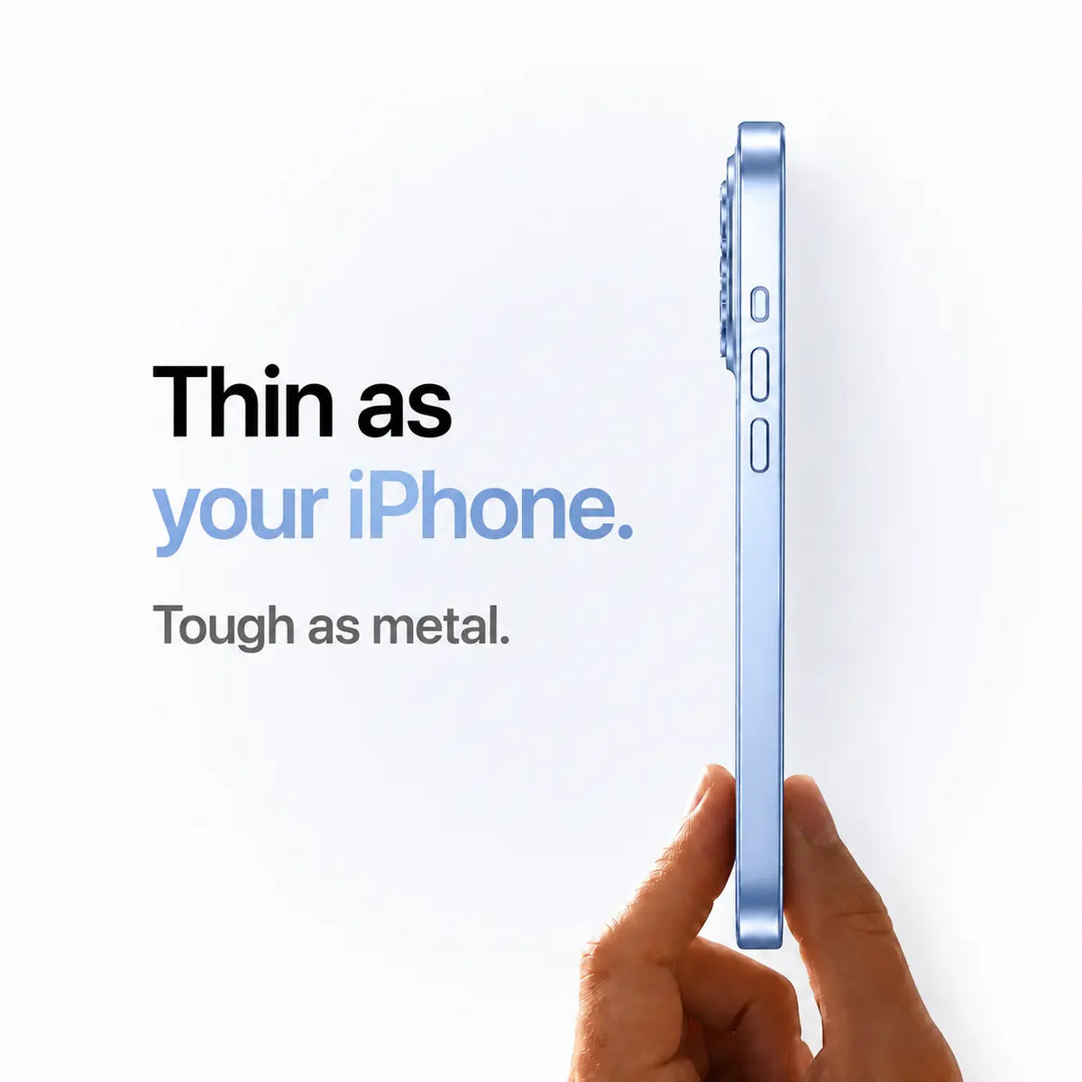 Glacier metal phone case held edge-on to show its slim side profile #color_Glacier