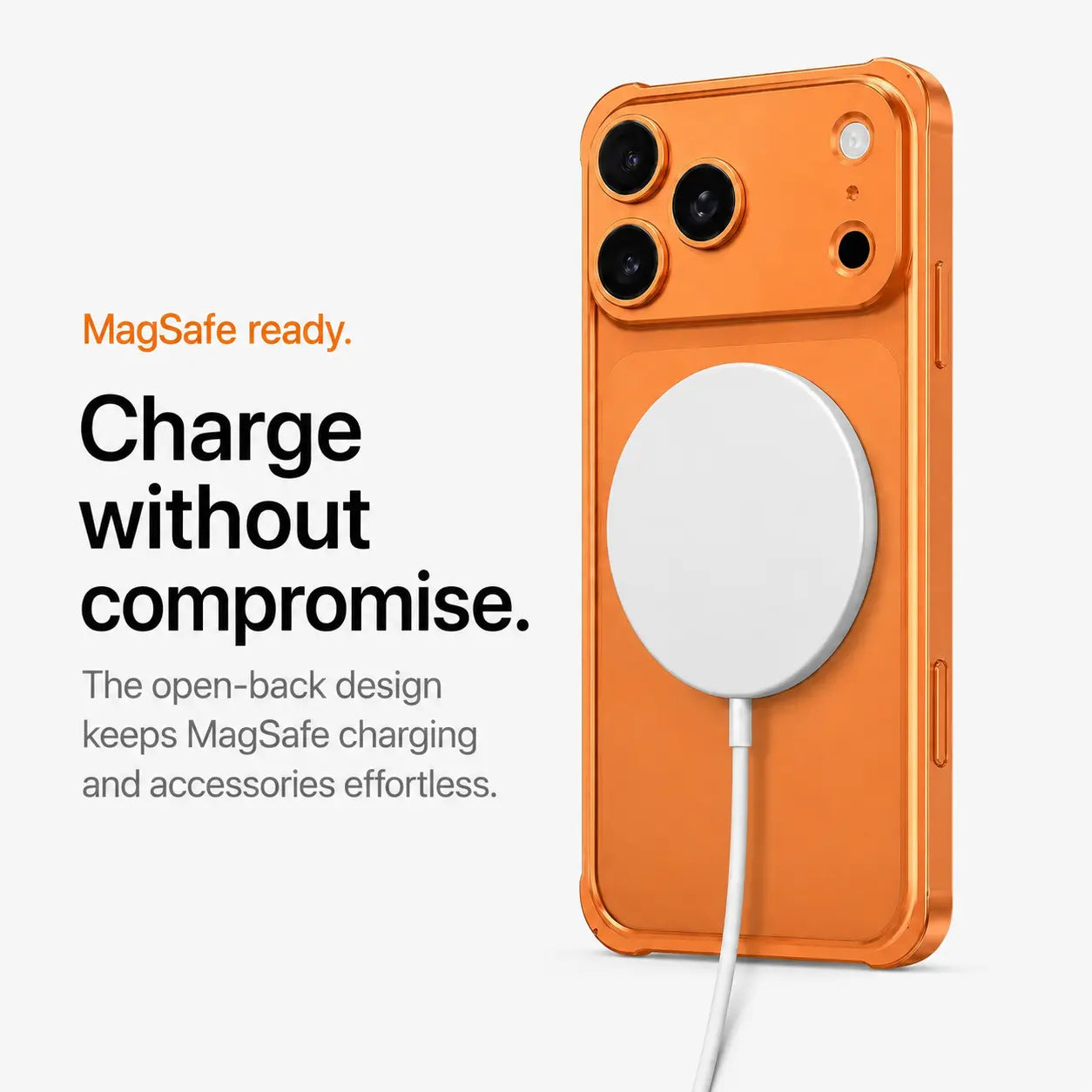 Orange aluminum bumper phone case attached to a white wireless charging puck #color_Cosmic Orange