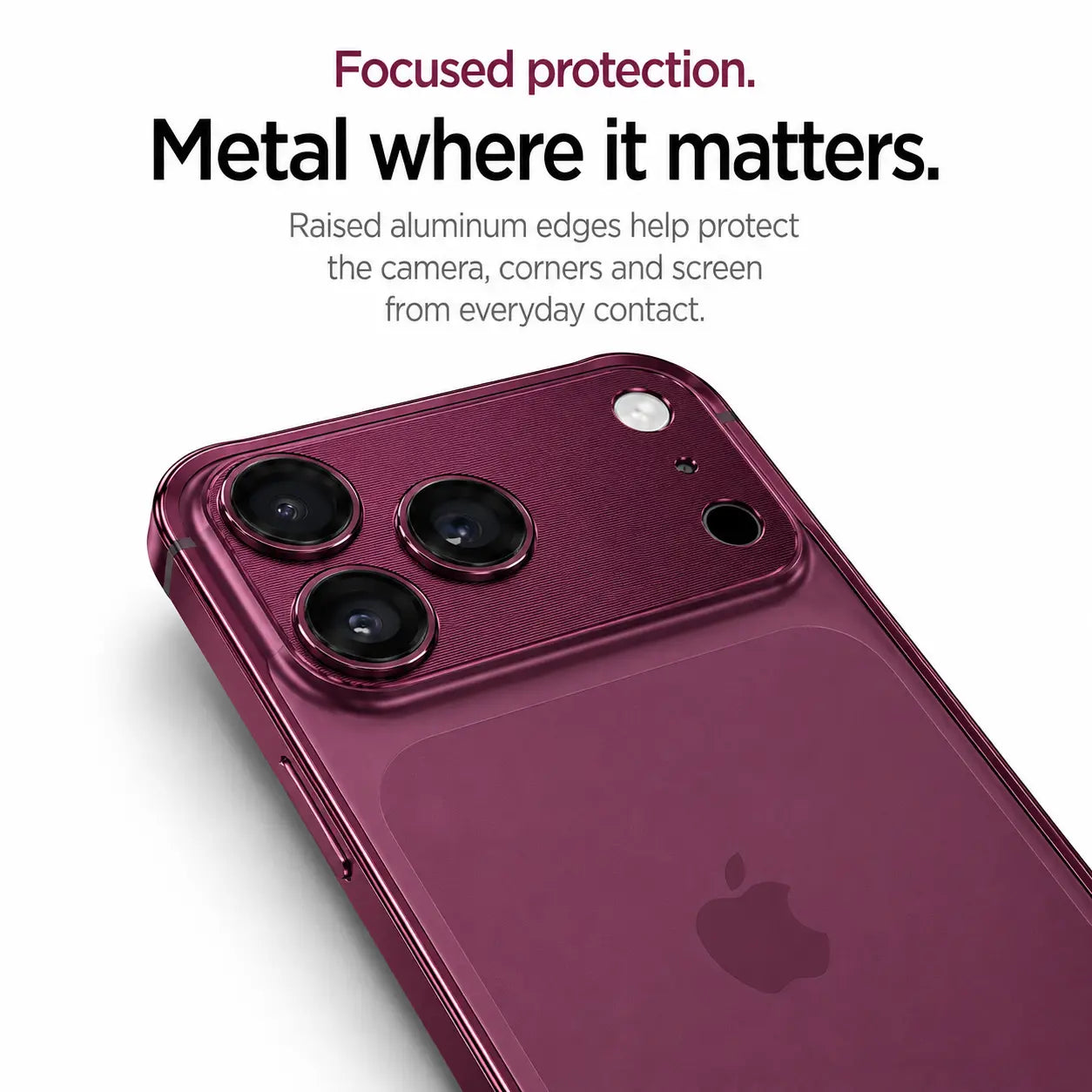 Burgundy aluminum bumper phone case showing raised camera and corner protection #color_Cherry Red