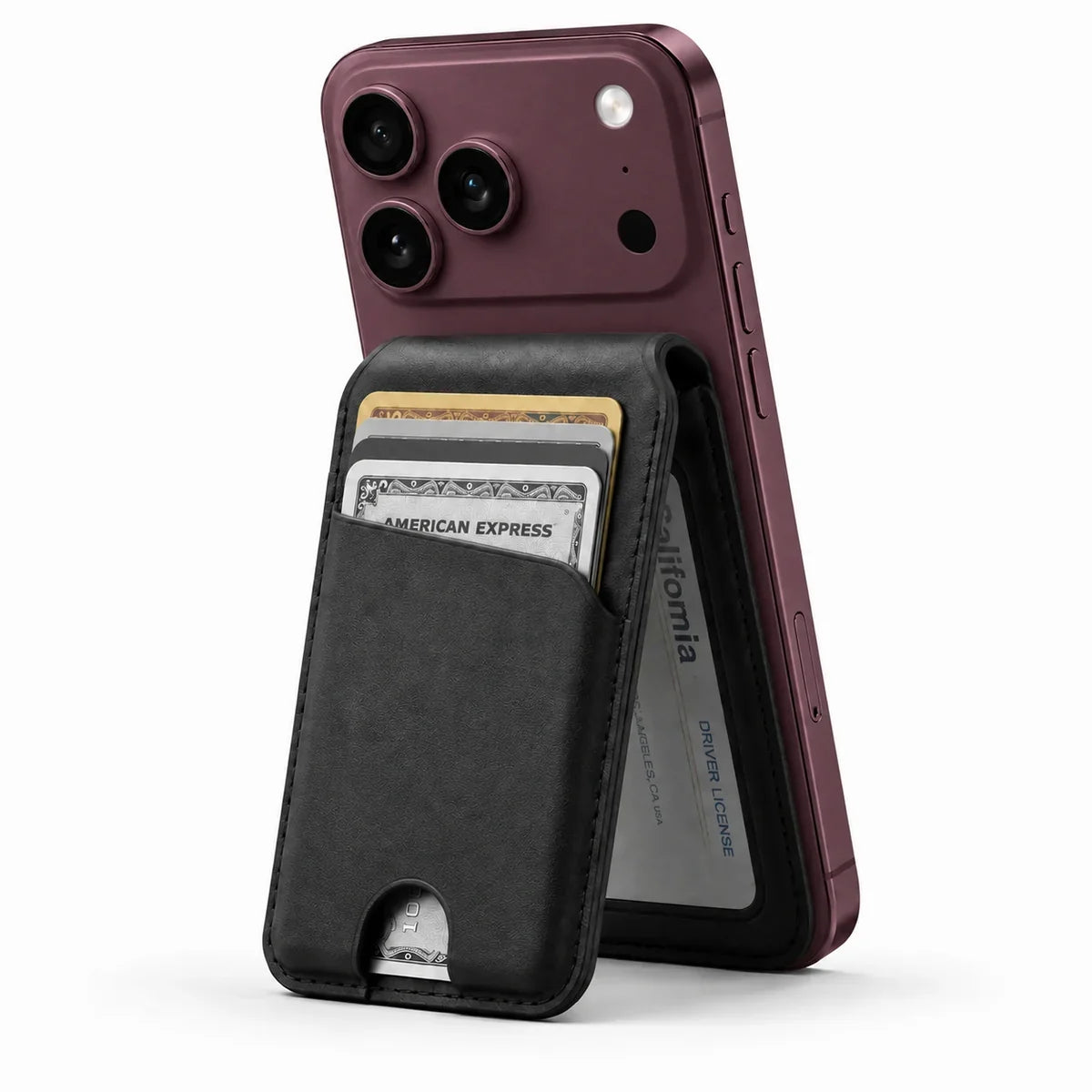 Midnight Black folding magnetic wallet supporting a Burgundy iPhone as a stand. #color_Midnight Black
