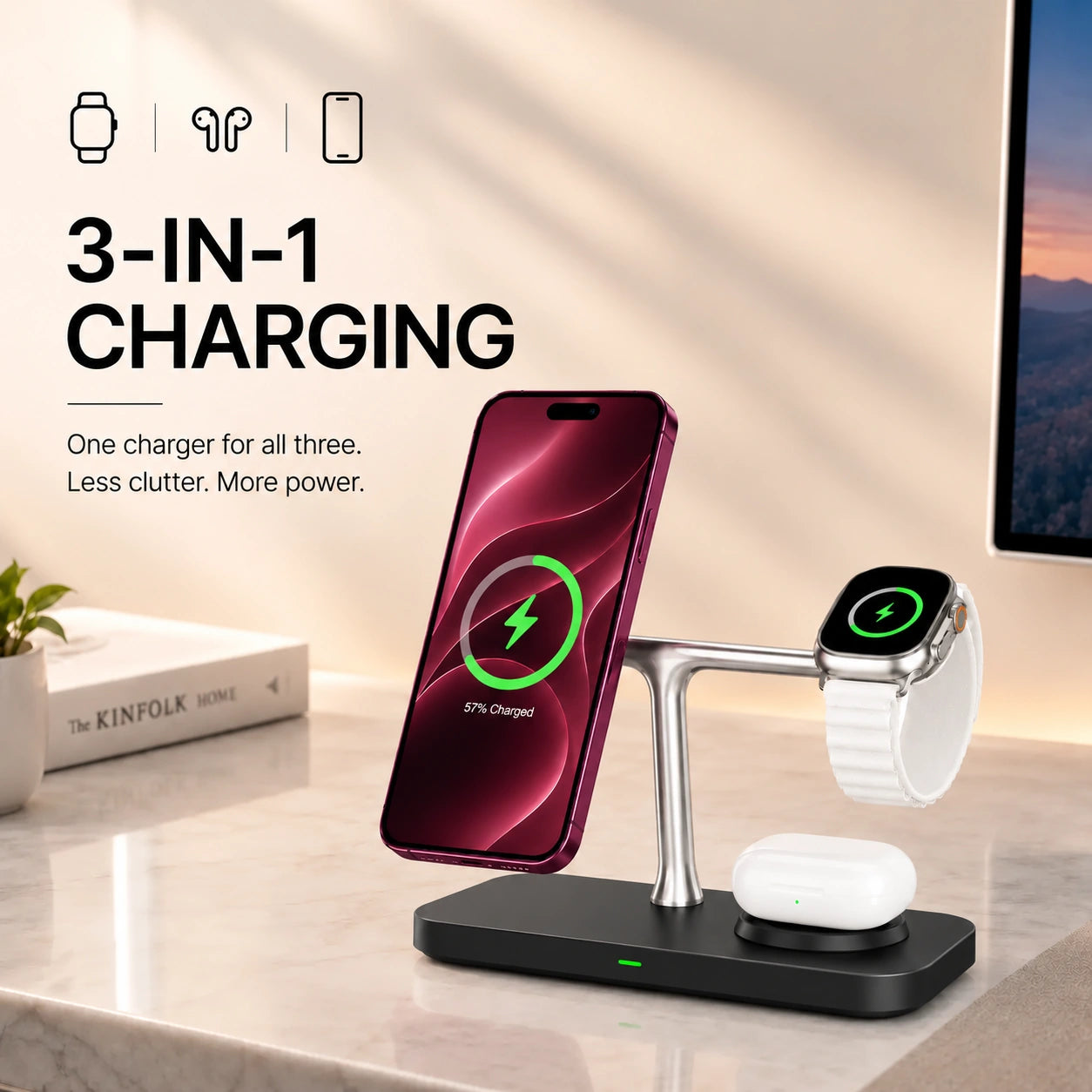 Midnight Black three device wireless charging station charging three devices together #color_Midnight Black