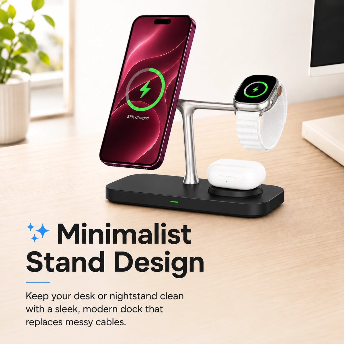 Midnight Black three device wireless charging station on a minimalist desk #color_Midnight Black