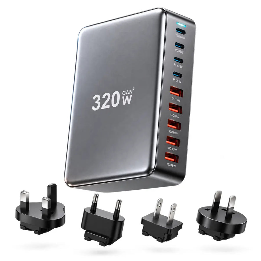 PowerHub 320W multi-port USB-C charging hub with international plug adapters
