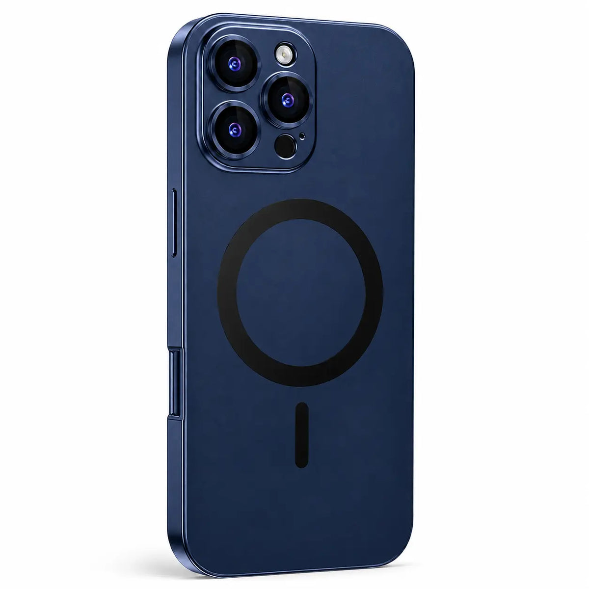 Navy blue metal magnetic phone case with three camera openings shown from the back on white #color_Deep Blue