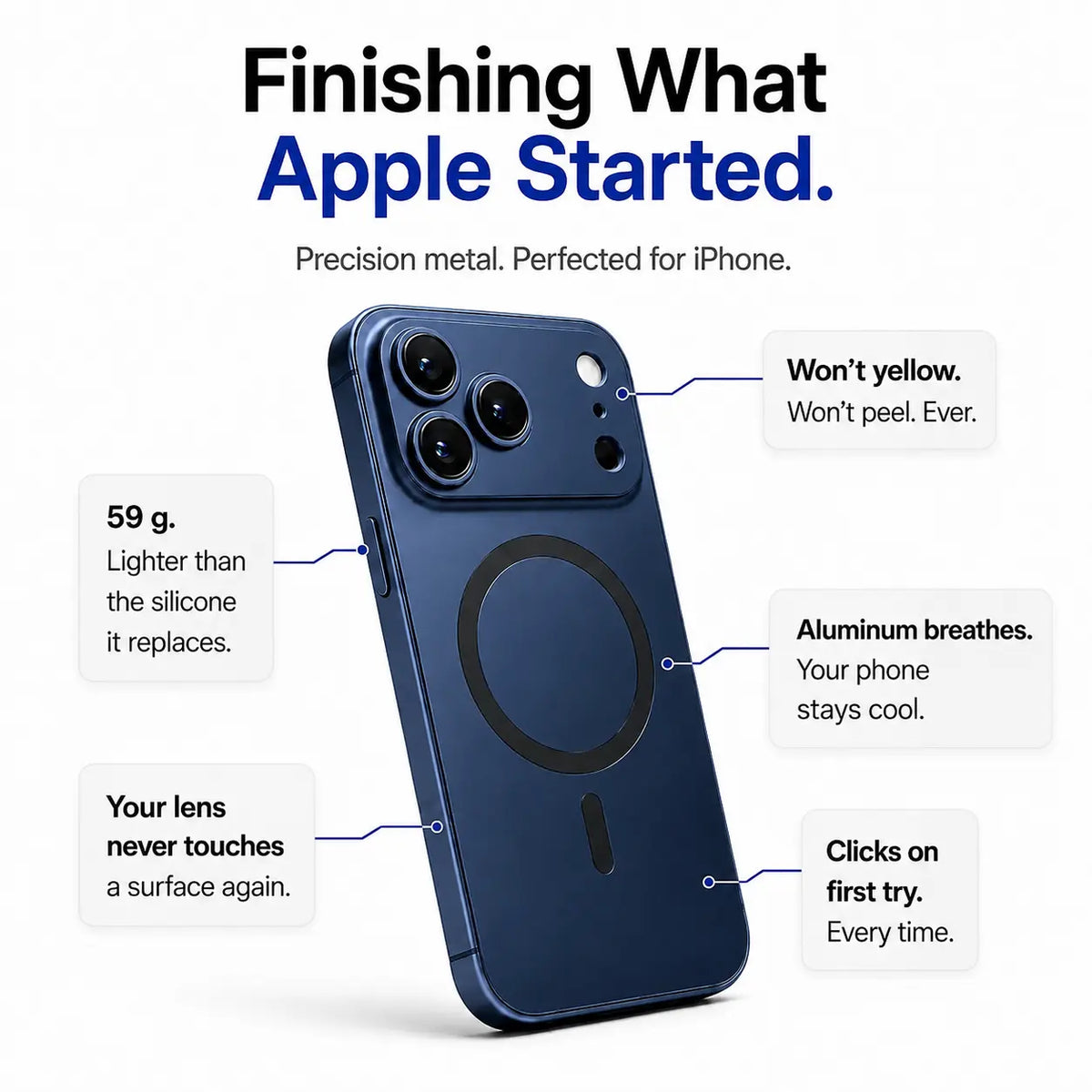 Navy blue metal magnetic phone case surrounded by feature labels on a white background #color_Deep Blue