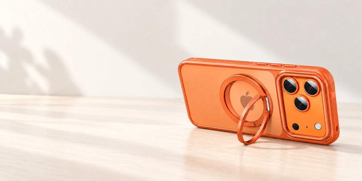 Phone case resting in landscape with its original ring supporting it from the side.