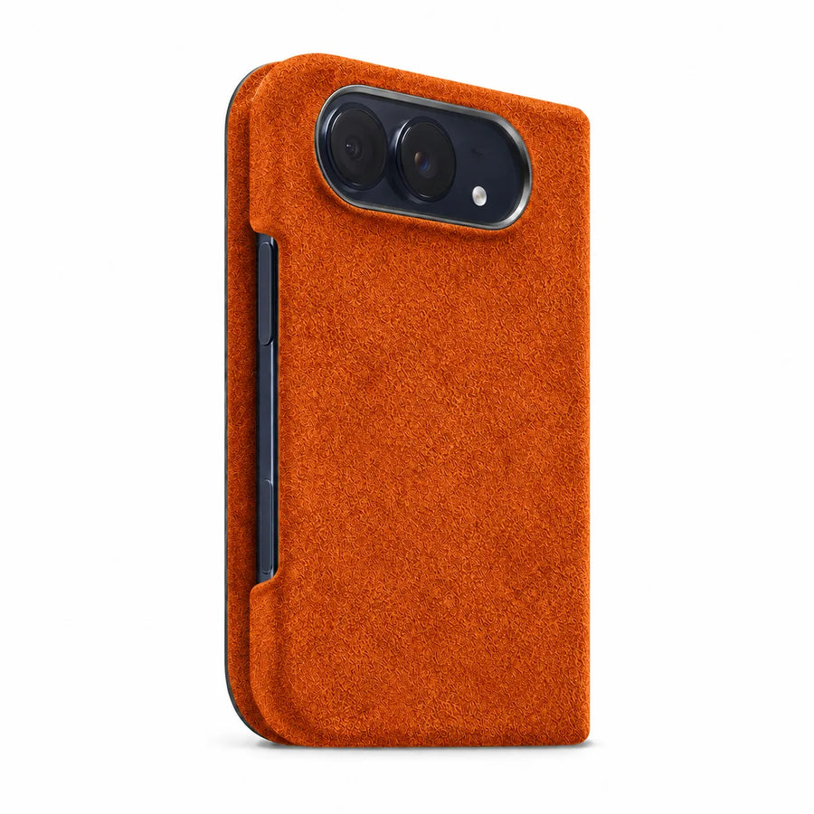 Cosmic Orange Alcantara folio case for iPhone Duo, angled rear view with a horizontal dual-camera opening