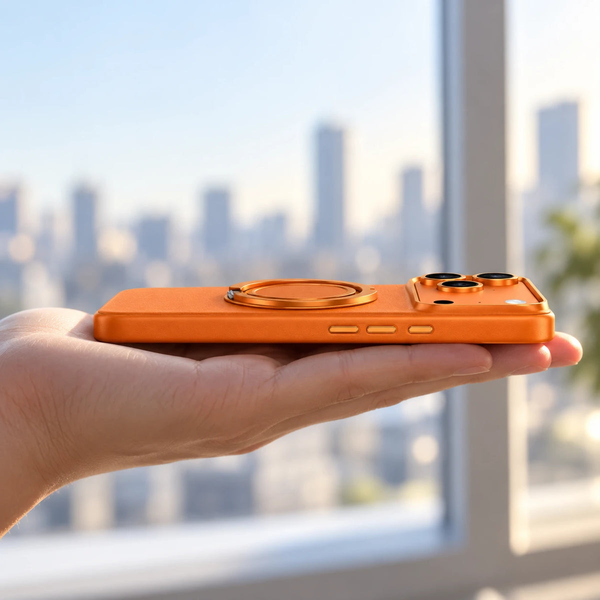Slim orange leather phone case resting across a hand with its ring folded flat.