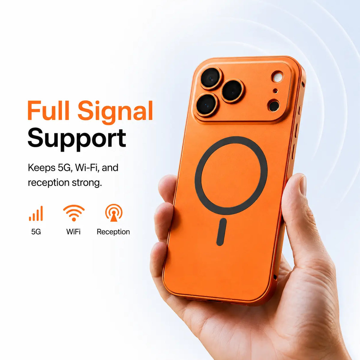 Orange metal magnetic phone case held upright with illustrated signal icons #color_Cosmic Orange