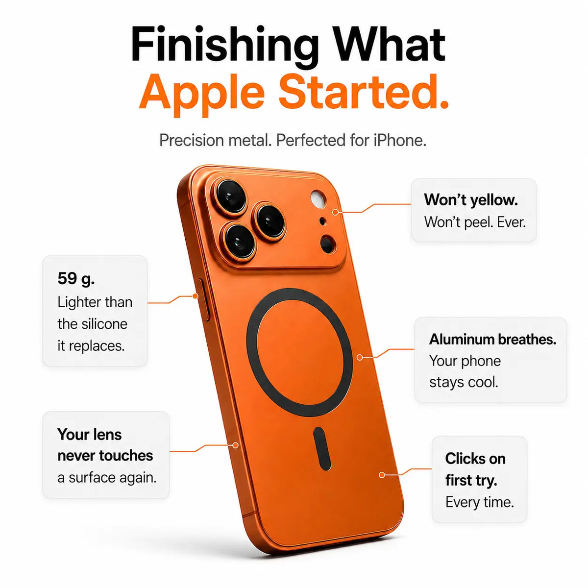 Orange metal magnetic phone case surrounded by feature labels on a white background #color_Cosmic Orange