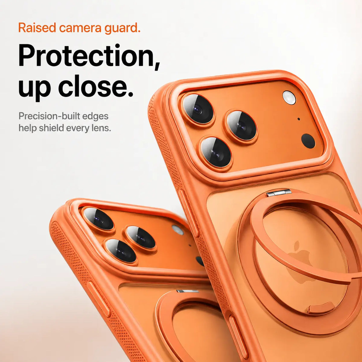 Orange magnetic phone cases shown in close-up with raised camera guards #color_Cosmic Orange