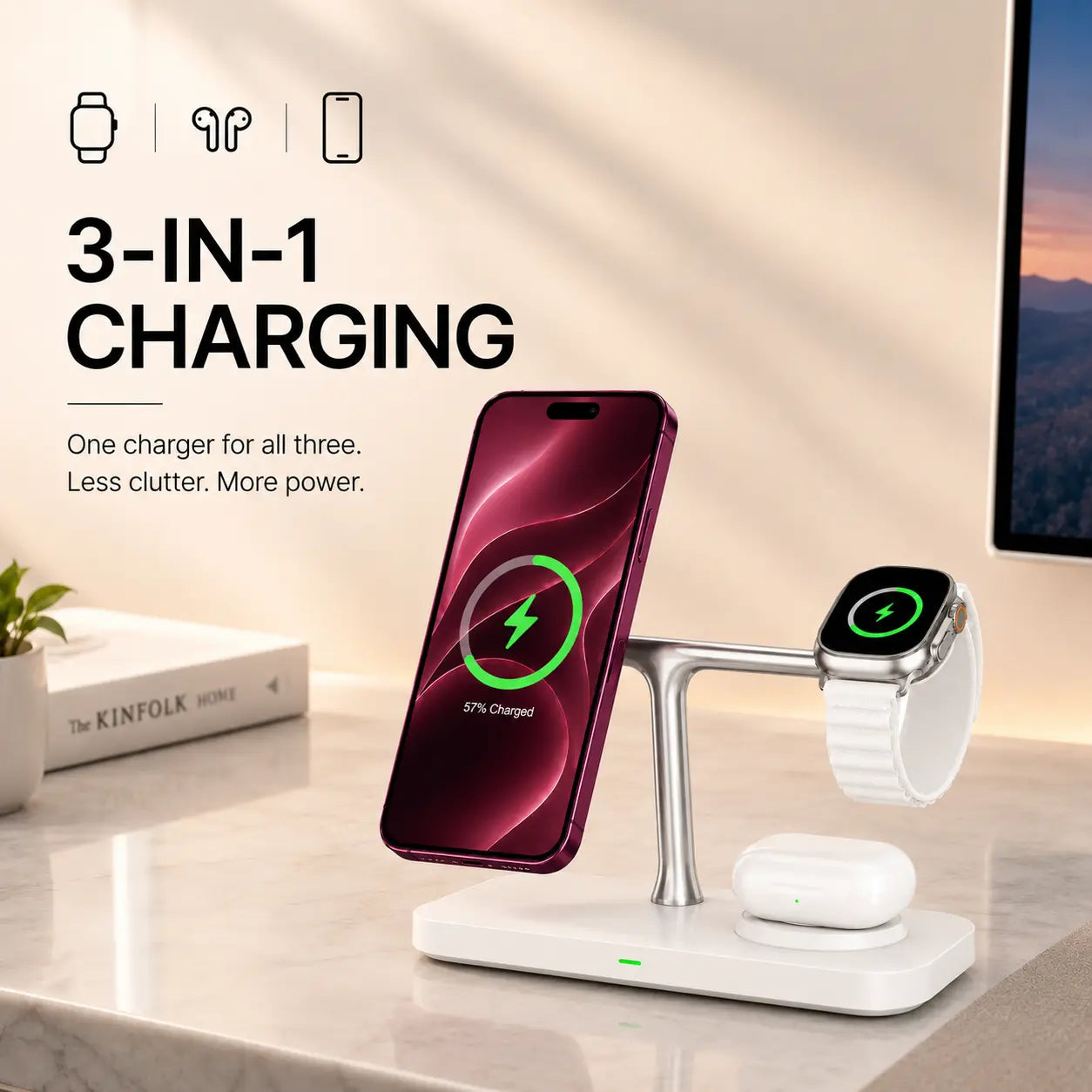 Arctic White three device wireless charging station charging three devices together #color_Arctic White
