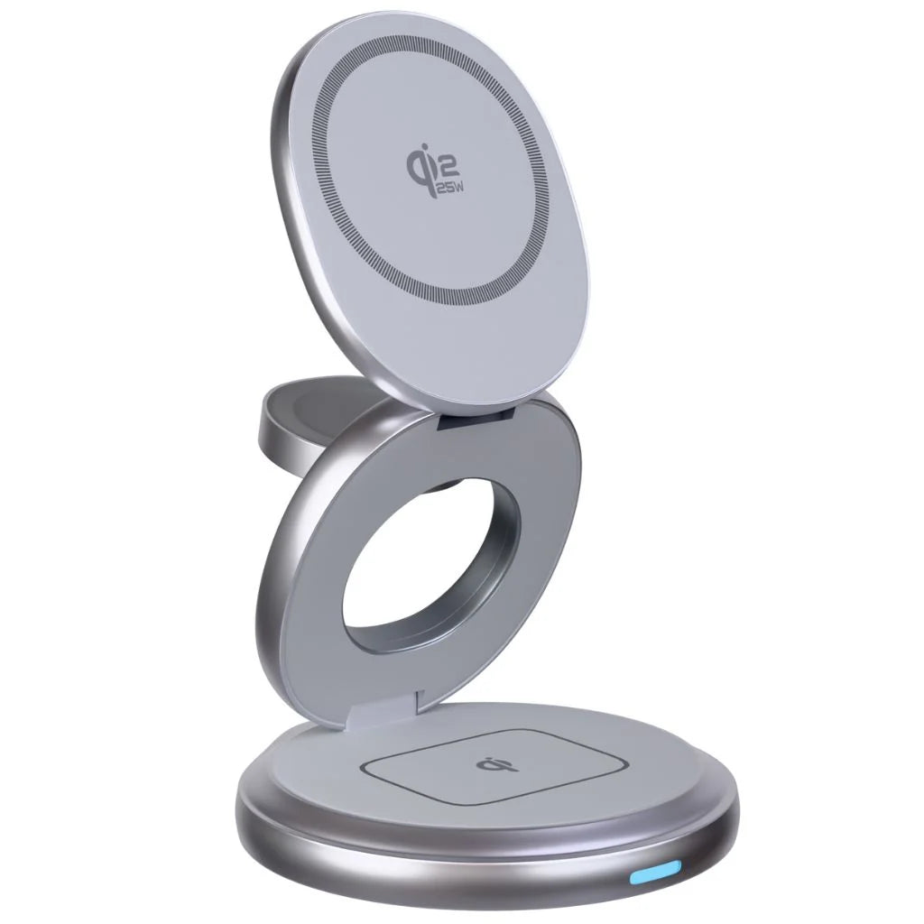 Arctic White rotating foldable wireless charger standing open without devices #color_Arctic White