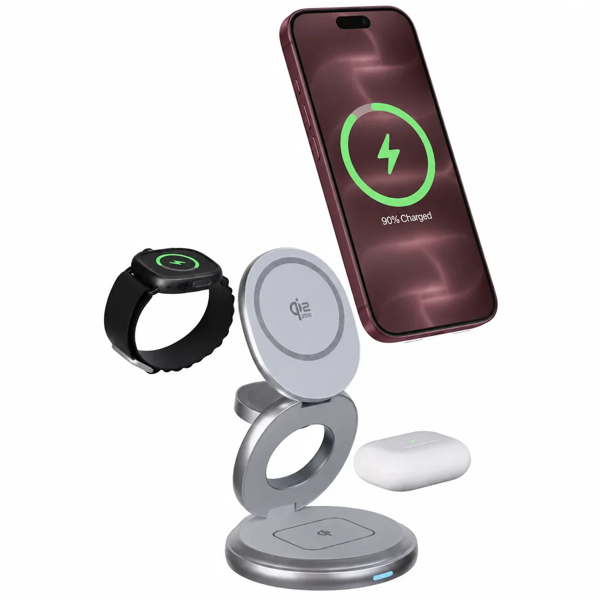 Arctic White rotating foldable wireless charger shown with Burgundy phone, watch and earbuds. #color_Arctic White
