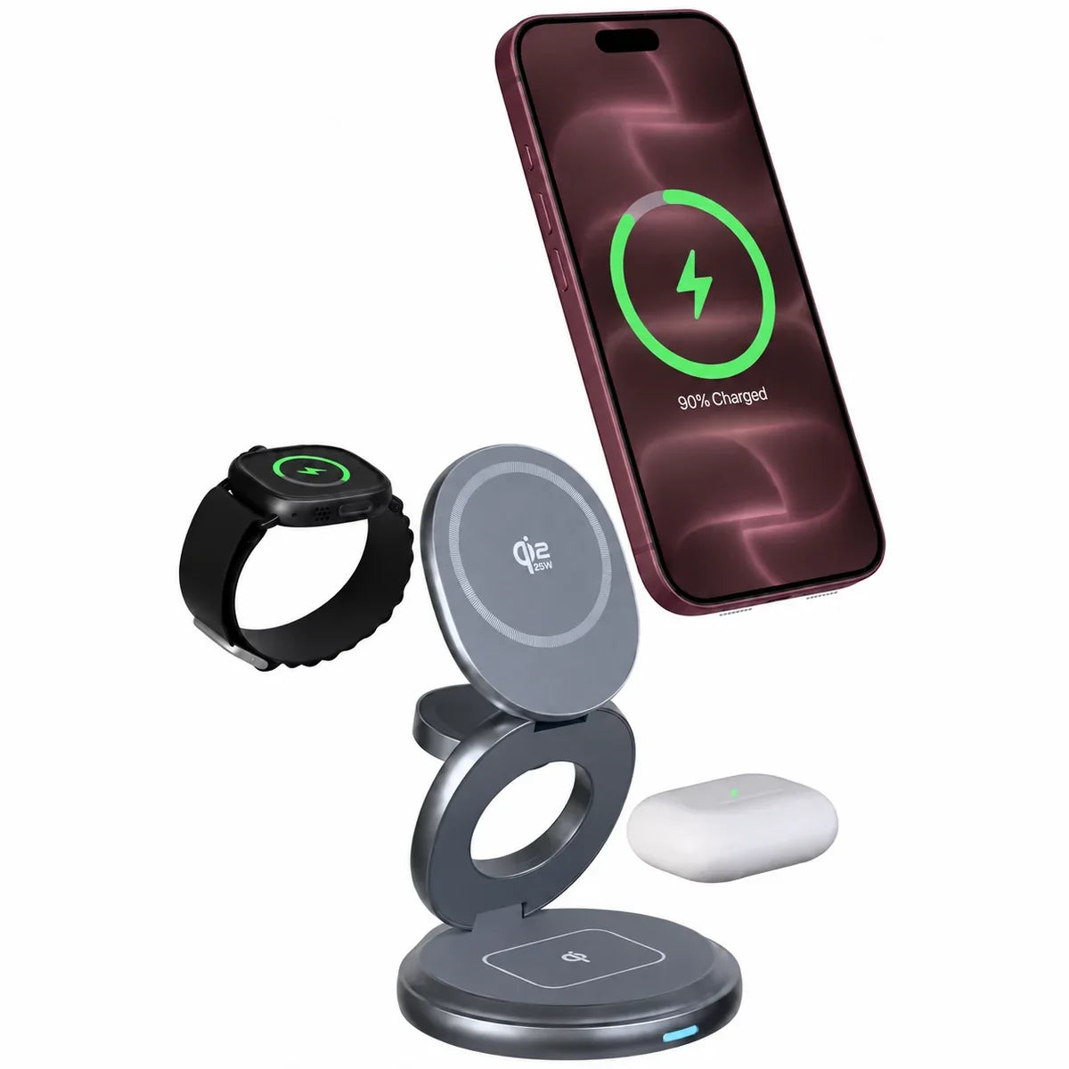 Titanium Gray rotating foldable wireless charger shown with Burgundy phone, watch and earbuds. #color_Titanium Gray