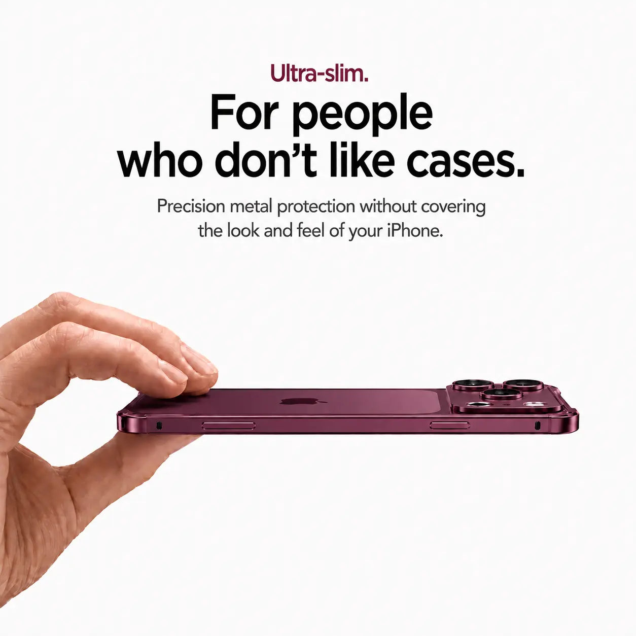 Burgundy aluminum bumper phone case held flat to show its slim side profile #color_Cherry Red