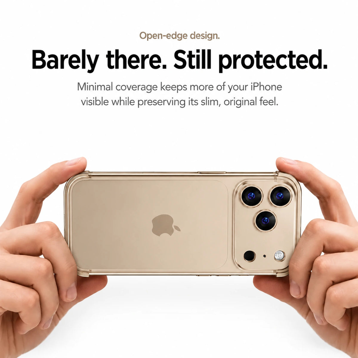 Sand gold minimal metal phone case held horizontally in two hands #color_Desert Gold