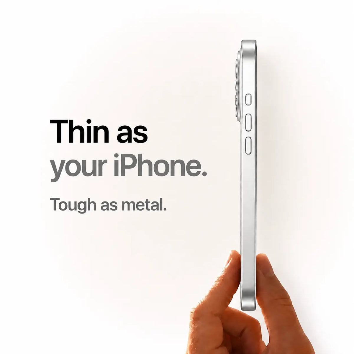Silver metal phone case held edge-on to show its slim side profile #color_Titanium Silver