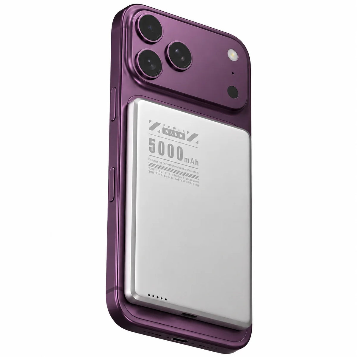 Titanium Stone Gray slim magnetic power bank on a Burgundy phone with a compact battery. #color_Titanium Stone Gray