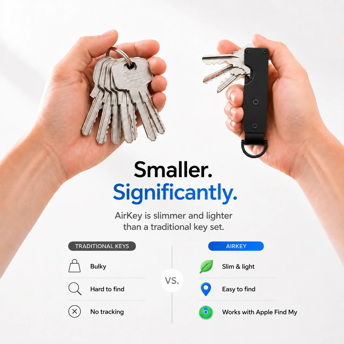 Stealth Black compact tracking key organizer compared with loose keys #color_Stealth Black