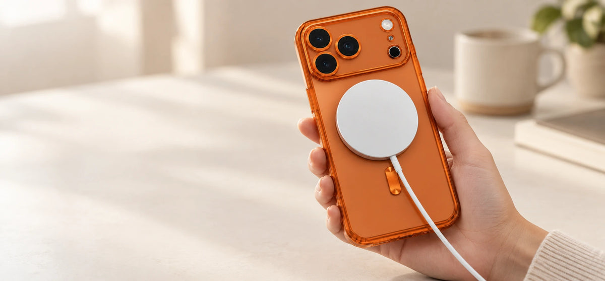 Hand holding a transparent orange phone case with a round magnetic charger attached to the back.