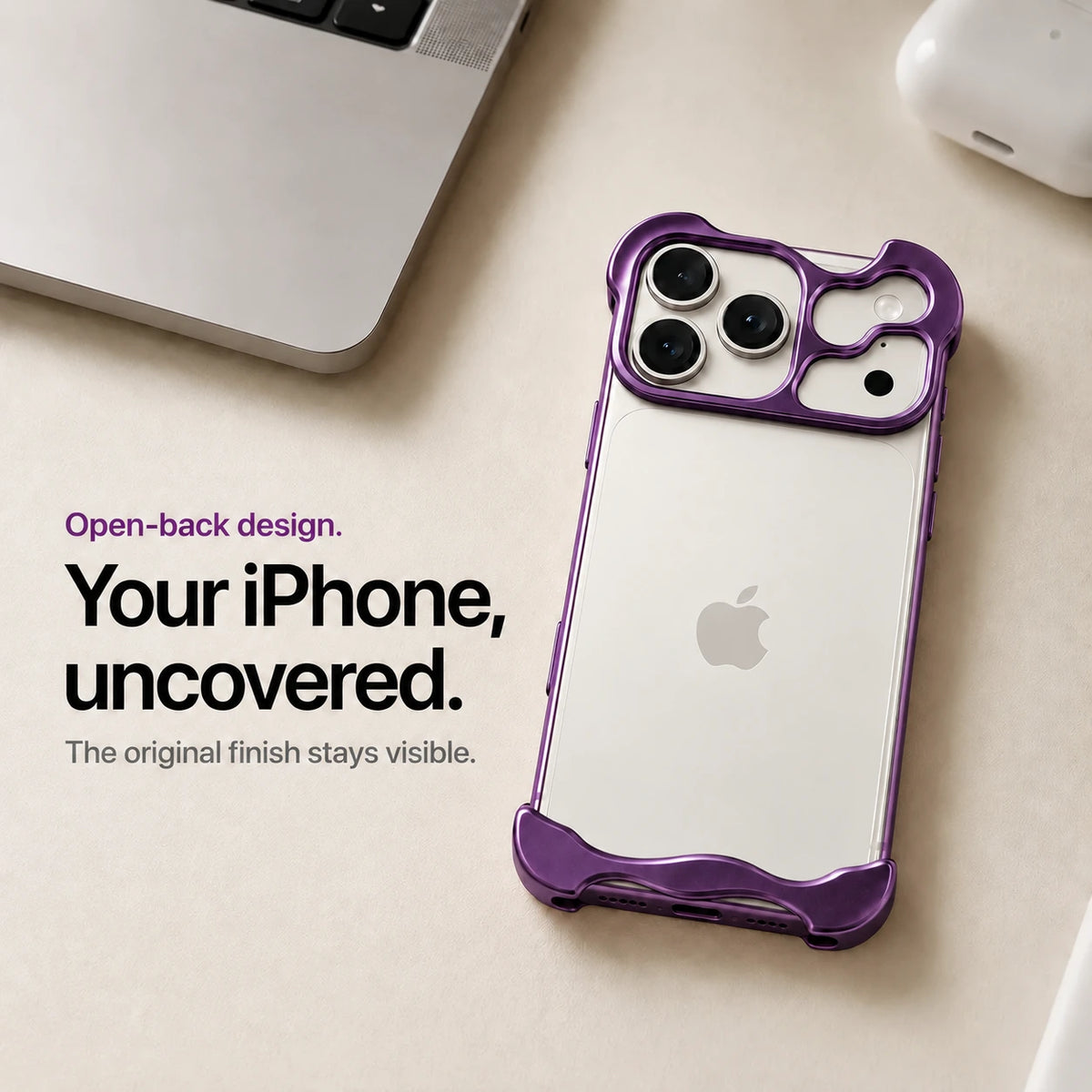 Violet sculpted metal phone case on a desk showing the open back #color_Lavender Purple