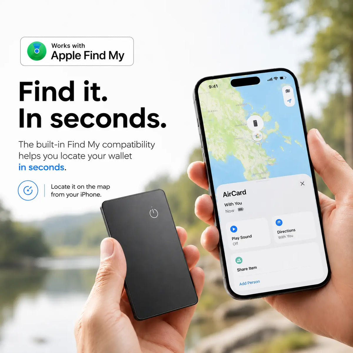 Black AirCard wallet tracker being located using Find My on a Burgundy iPhone.