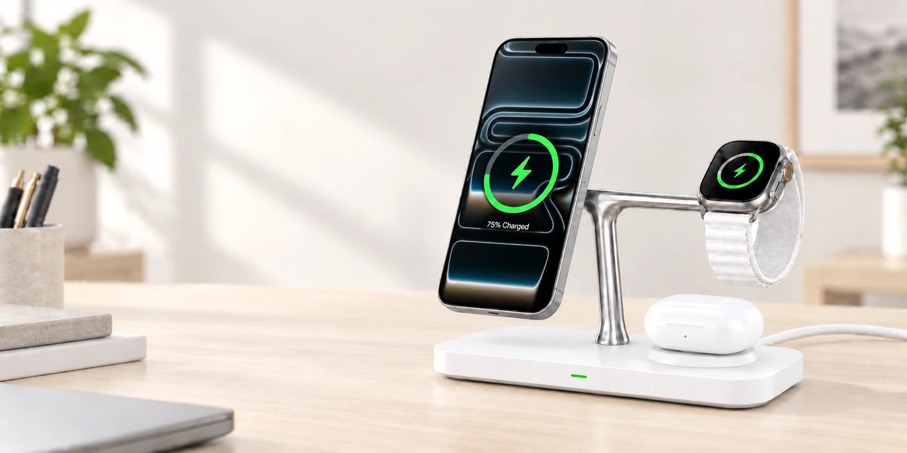 White and chrome dock holding a phone, watch and earbud case.