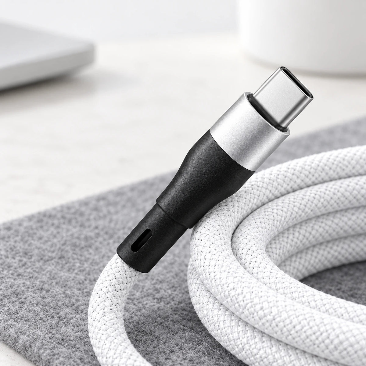Close-up of the woven white cable and black tapered USB-C connector.