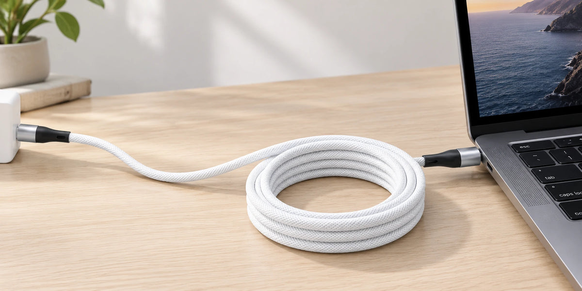 White magnetic USB-C cable connecting a laptop to a power source on a desk.