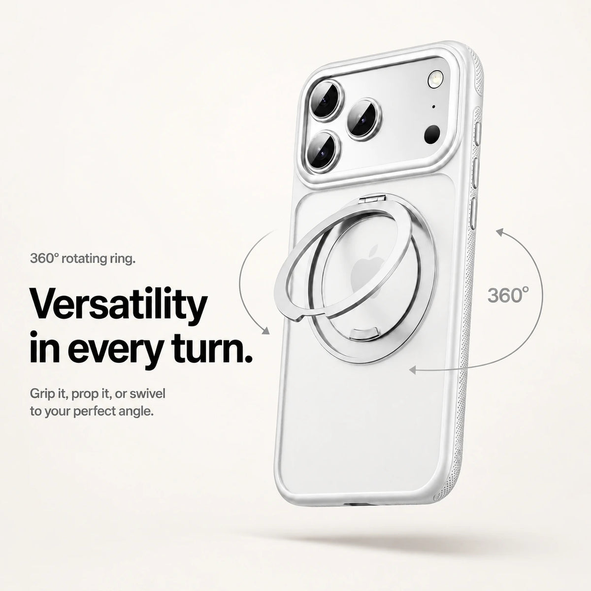 White magnetic phone case with an adjustable metal ring and a 360 degree rotation graphic #color_Polar White