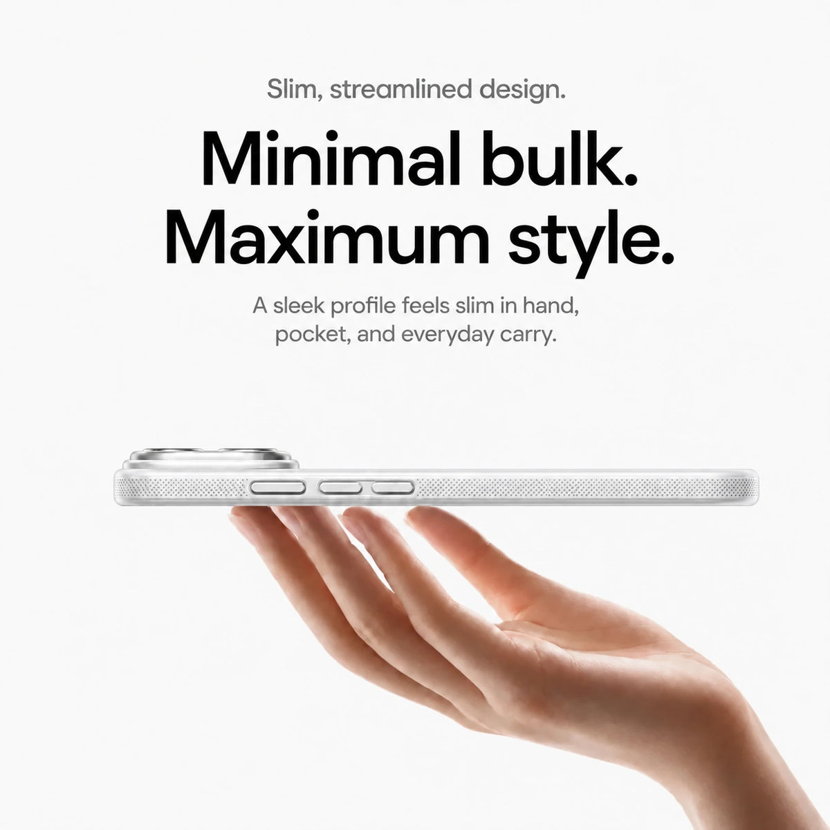 White magnetic phone case balanced in one hand to show its slim side profile #color_Polar White