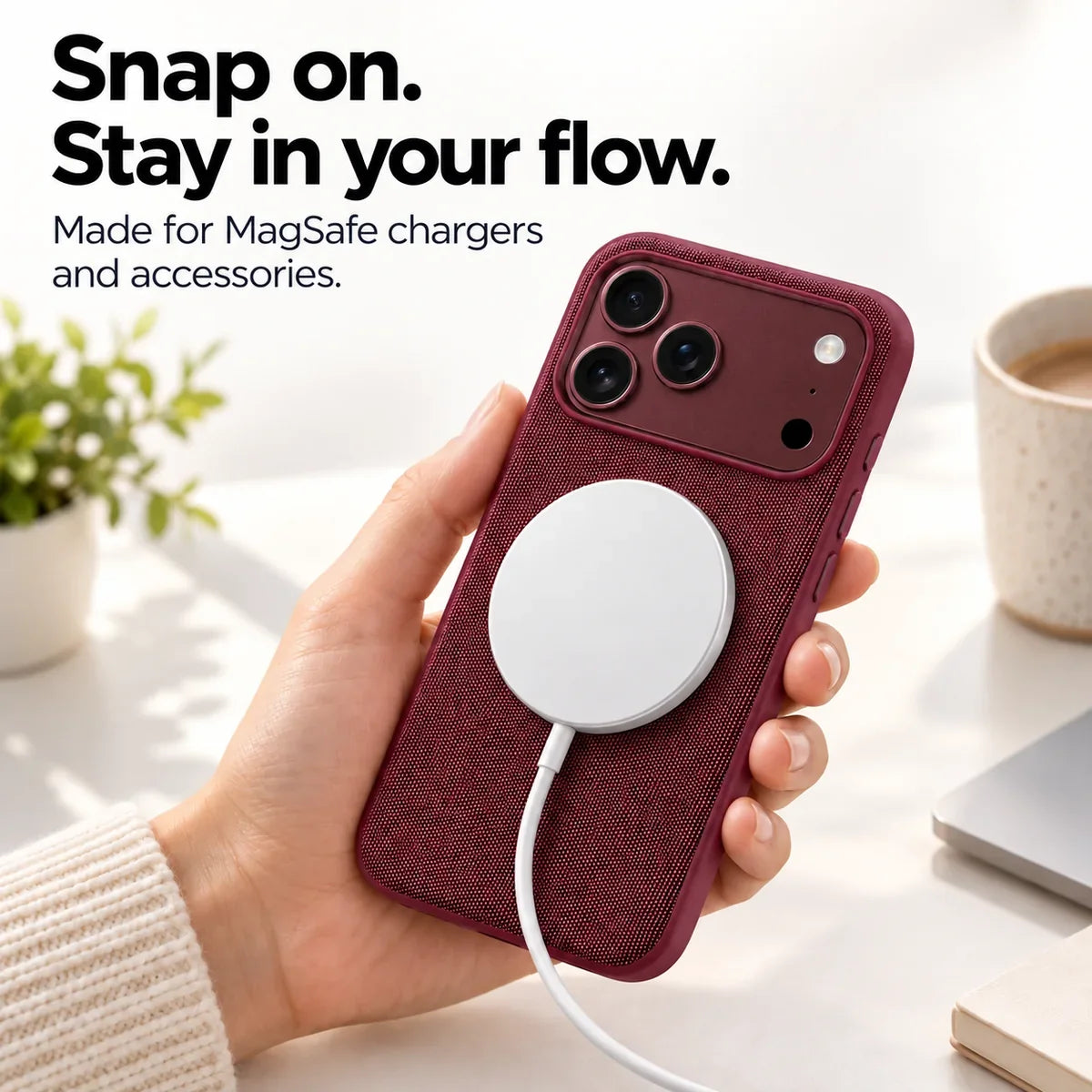 White magnetic charging puck attached to a Burgundy woven phone case. #color_Burgundy